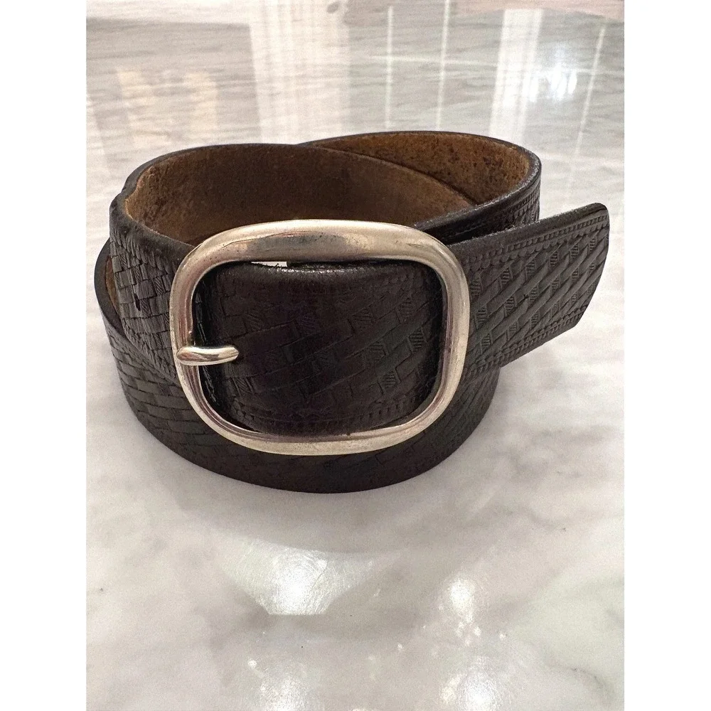 Y2K Black‎ Embossed Leather Wide Belt Silver Buckle Unisex 32-36 Boho